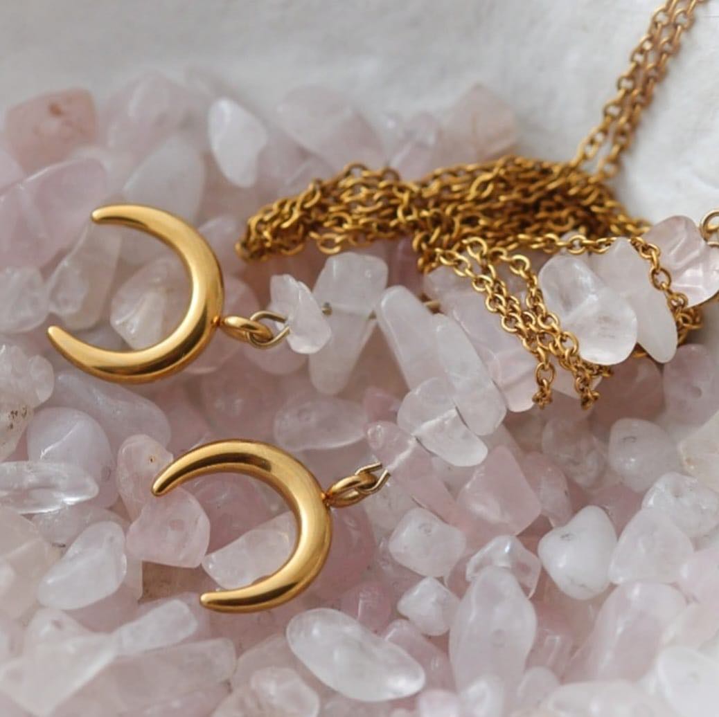 Moon Vergoldete Halskette mit Rosenquarz